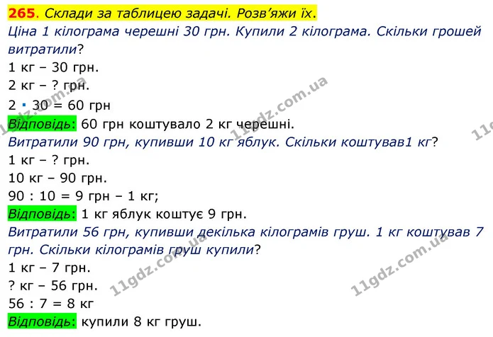 265. Склади за таблицею задачі. Розв’яжи їх. — ГДЗ Математика 3 клас Бевз 1 частина
