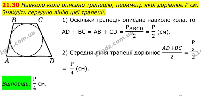 21.30 Навколо кола описано трапецію, периметр якої дорівнює P см. Знайдіть середню лінію цієї трапеції. — ГДЗ Геометрія 8 клас Істер