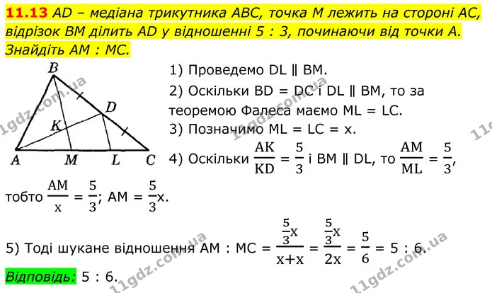 11.13 AD – медіана трикутника ABC, точка M лежить на стороні AC, відрізок BM ділить AD у відношенні 5 : 3, починаючи від точки A — ГДЗ Геометрія 8 клас Істер