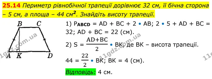 25.14 Периметр рівнобічної трапеції дорівнює 32 см, її бічна сторона – 5 см, а площа – 44 см2. Знайдіть висоту трапеції. — ГДЗ Геометрія 8 клас Істер