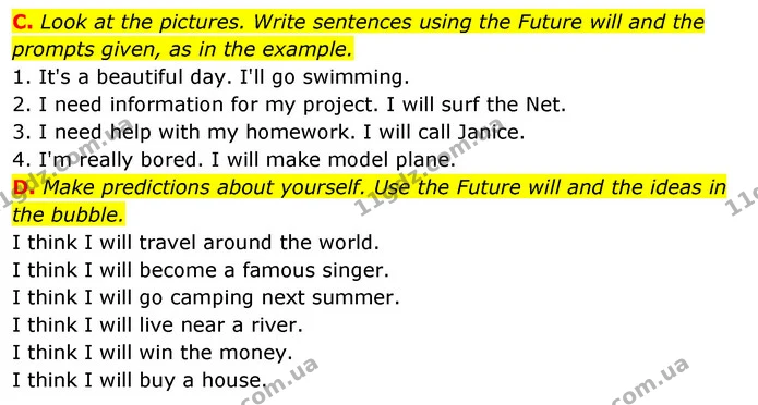 C. Look at the pictures. Write sentences using the Future will and the prompts given, as in the example. — ГДЗ зошит Англійська мова 5 клас Мітчелл