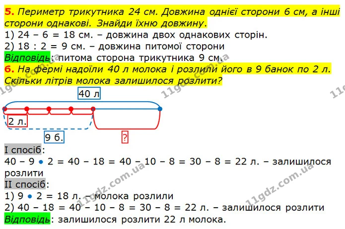 5. Периметр трикутника 24 см. Довжина однієї сторони 6 см, а інші сторони однакові. Знайди їхню довжину. — ГДЗ Математика 2 клас Лишенко