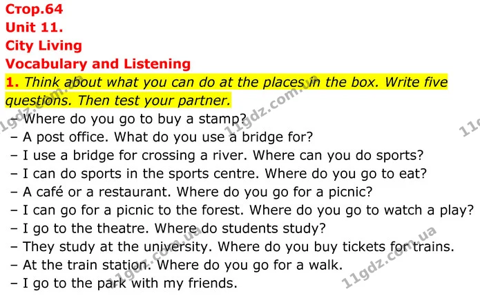 1. Think about what you can do at the places in the box. Write five questions. Then test your partner. — ГДЗ Англійська мова 7 клас Коста
