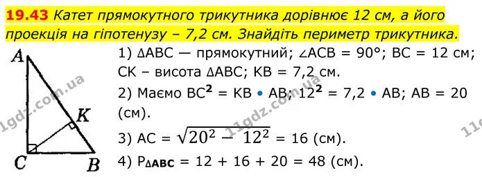 19.43 Катет прямокутного трикутника дорівнює 12 см, а його проекція на гіпотенузу – 7,2 см. Знайдіть периметр трикутника. — ГДЗ Геометрія 8 клас Істер
