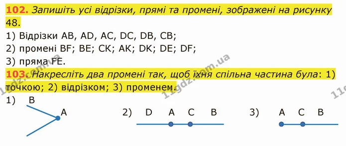 102. Запишіть усі відрізки, прямі та промені, зображені на рисунку 48. — ГДЗ Математика 5 клас Мерзляк