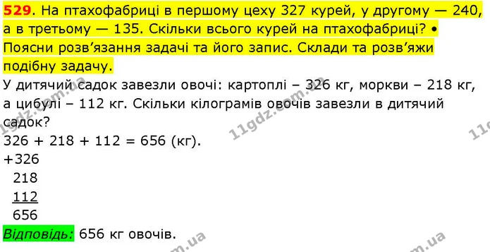 529. На птахофабриці в першому цеху 327 курей, у другому — 240, а в третьому — 135. Скільки всього курей на птахофабриці? • Поясни — ГДЗ Математика 3 клас Козак 1-2 ч.