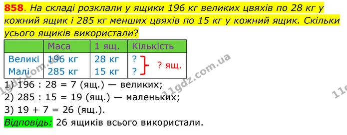858. На складі розклали у ящики 196 кг великих цвяхів по 28 кг у кожний ящик і 285 кг менших цвяхів по 15 кг у кожний ящик. Скільки — ГДЗ Математика 3 клас Бевз 2 частина