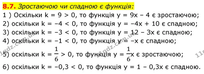 8.7. Зростаючою чи спадною є функція: — ГДЗ Алгебра 9 клас Мерзляк 2026