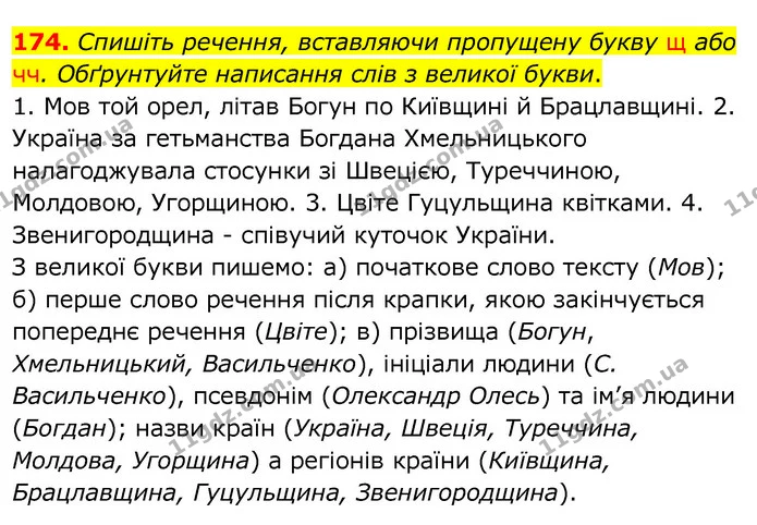 174. Спишіть речення, вставляючи пропущену букву щ або чч. Обґрунтуйте написання слів з великої букви. — ГДЗ Українська мова 6 клас Заболотний 2020