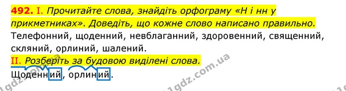 492. І. Прочитайте слова, знайдіть орфограму «Н і нн у прикметниках». Доведіть, що кожне слово написано правильно. — ГДЗ Українська мова 6 клас Заболотний 2023