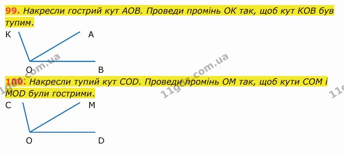 99. Накресли гострий кут АОВ. Проведи промінь ОК так, щоб кут КОВ був тупим. — ГДЗ Математика 5 клас Істер 2022