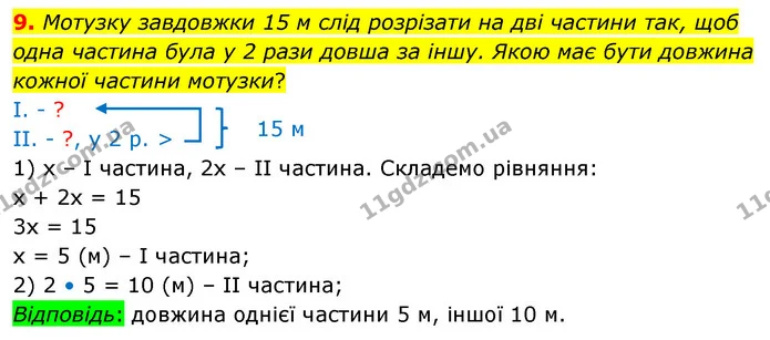 9. Мотузку завдовжки 15 м слід розрізати на дві частини так, щоб одна частина була у 2 рази довша за іншу. Якою має бути довжина кожної — ГДЗ Математика 4 клас Скворцова