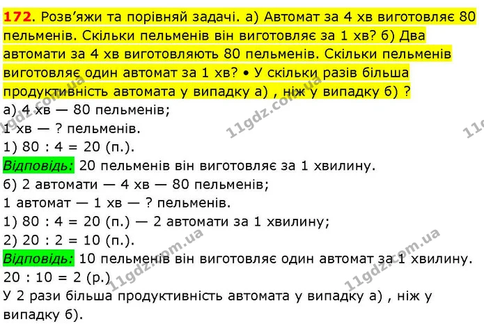 172. Розв’яжи та порівняй задачі. а) Автомат за 4 хв виготовляє 80 пельменів. Скільки пельменів він виготовляє за 1 хв? б) Два автомати — ГДЗ Математика 3 клас Козак 1-2 ч.