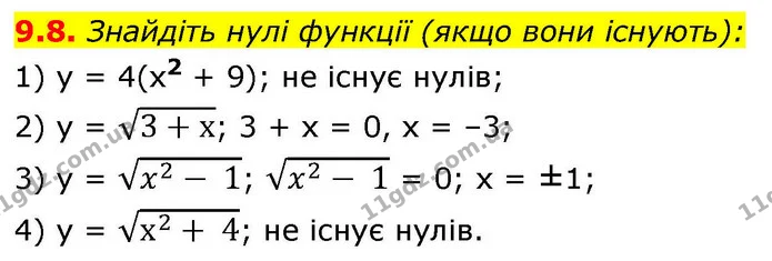 9.8. Знайдіть нулі функції (якщо вони існують): — ГДЗ Алгебра 9 клас Істер