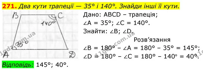 271. Два кути трапеції — 35° і 140°. Знайди інші її кути. — ГДЗ Геометрія 8 клас Бевз