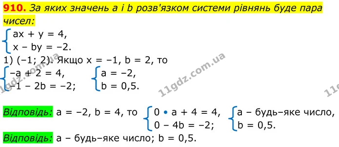 910. За яких значень а і b розв'язком системи рівнянь буде пара чисел: — ГДЗ Алгебра 7 клас Тарасенкова 2024