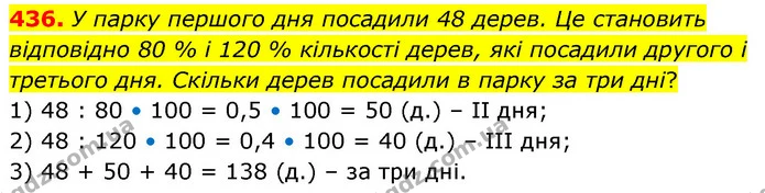 436. У парку першого дня посадили 48 дерев. Це становить відповідно 80 % і 120 % кількості дерев, які посадили другого і третього дня — ГДЗ Математика 6 клас Кравчук 2023
