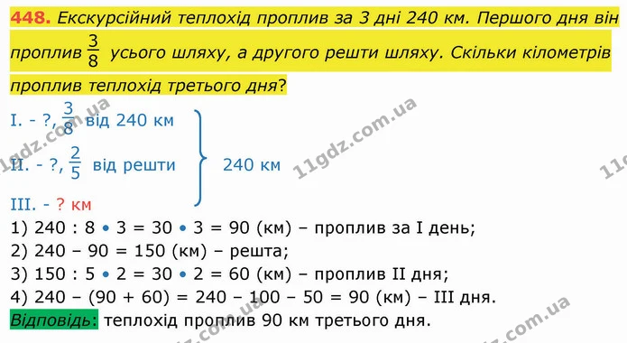 448. Екскурсійний теплохід проплив за 3 дні 240 км. Першого дня він проплив усього шляху, а другого решти шляху. Скільки кілометрів — ГДЗ Математика 4 клас Лишенко 1-2 ч.