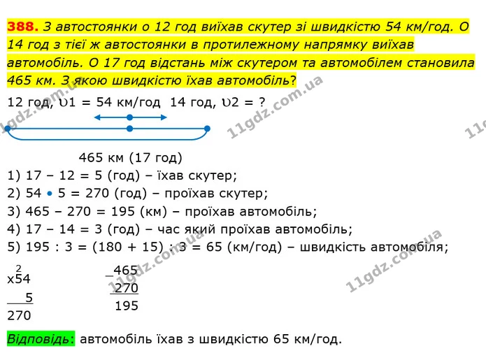 388. З автостоянки о 12 год виїхав скутер зі швидкістю 54 км/год. О 14 год з тієї ж автостоянки в протилежному напрямку виїхав — ГДЗ Математика 4 клас Лишенко 1-2 ч.