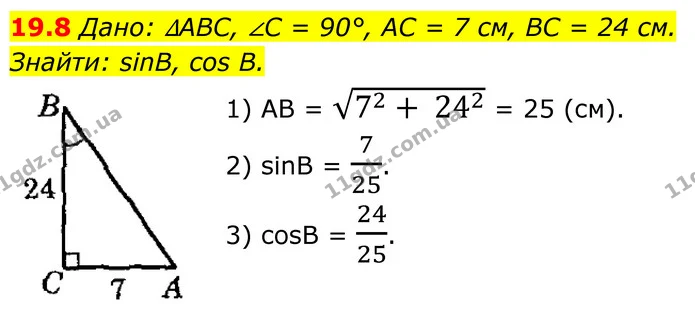 19.8 Дано: ∆ABC, ∠C = 90°, AC = 7 см, BC = 24 см. — ГДЗ Геометрія 8 клас Істер