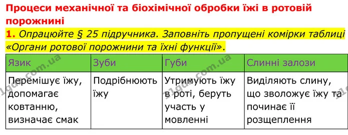 1. Опрацюйте § 25 підручника. Заповніть пропущені комірки таблиці «Органи ротової порожнини та їхні функції». — ГДЗ Робочий зошит Біологія 8 клас Кулініч