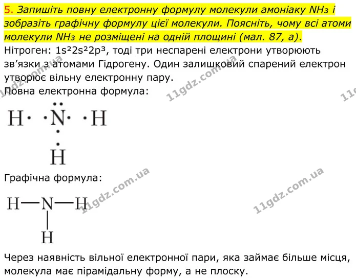 5. Запишіть повну електронну формулу молекули амоніаку NH₃ і зобразіть графічну формулу цієї молекули. Поясніть, чому всі атоми — ГДЗ Хімія 8 клас Попель
