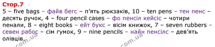 5 – five bags – файв бегс – п’ять рюкзаків, 10 – ten pens – тен пенс – десять ручок, 4 – four pencil cases – фо пенсіл кейсіс – чотири — ГДЗ Робочий зошит Англійська мова 2 клас Косован (Мітчелл)