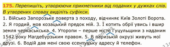 175. Перепишіть, утворюючи прикметники від поданих у дужках слів. В утворених словах виділіть суфікси. — ГДЗ Українська мова 6 клас Глазова