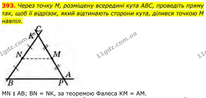 393. Через точку М, розміщену всередині кута ABC, проведіть пряму так, щоб її відрізок, який відтинають сторони кута, ділився точкою M — ГДЗ Геометрія 8 клас Бурда
