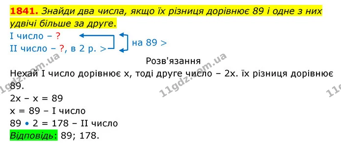 1841. Знайди два числа, якщо їх різниця дорівнює 89 і одне з них удвічі більше за друге. — ГДЗ Математика 5 клас Бевз
