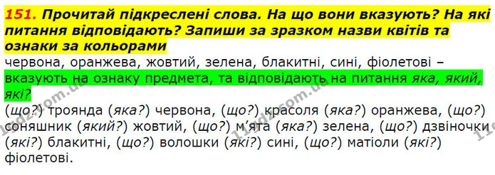 151. Прочитай підкреслені слова. На що вони вказують? На які питання відповідають? Запиши за зразком назви квітів та ознаки за — ГДЗ Українська мова 2 клас Захарійчук