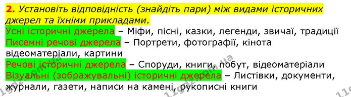 2. Установіть відповідність (знайдіть пари) між видами історичних джерел та їхніми прикладами. — ГДЗ Вступ до історії 5 клас Щупак
