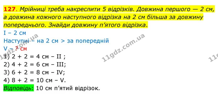 127. Мрійниці треба накреслити 5 відрізків. Довжина першого — 2 см, а довжина кожного наступного відрізка на 2 см більша за довжину — ГДЗ Математика 3 клас Бевз 1 частина
