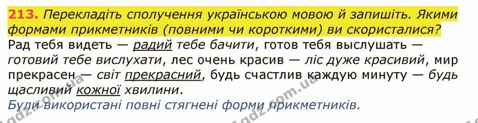 213. Перекладіть сполучення українською мовою й запишіть. Якими формами прикметників (повними чи короткими) ви скористалися? — ГДЗ Українська мова 6 клас Заболотний 2019