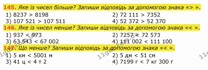145. Яке із чисел більше? Запиши відповідь за допомогою знака «> ». — ГДЗ Математика 5 клас Істер 2022
