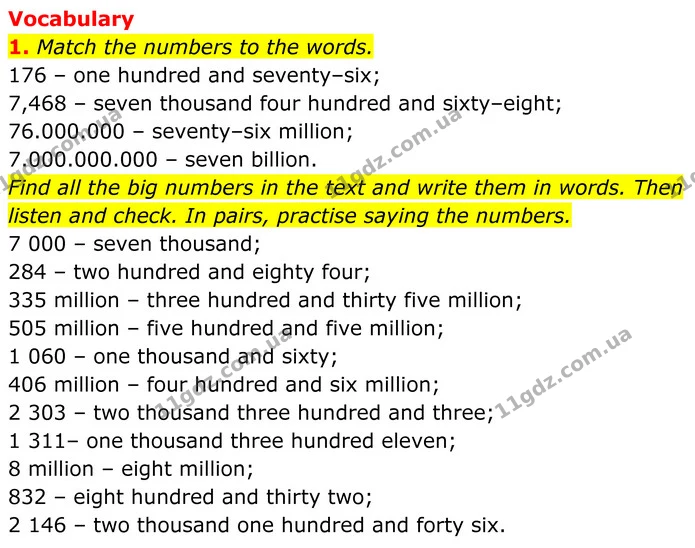 1. Match the numbers to the words. — ГДЗ Англійська мова 7 клас Коста