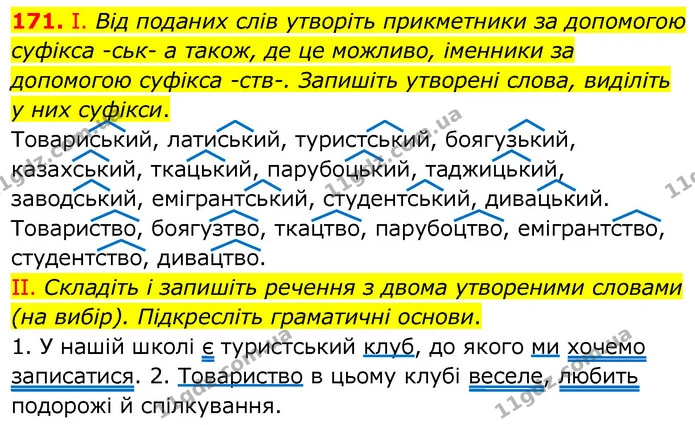 171. І. Від поданих слів утворіть прикметники за допомогою суфікса -ськ- а також, де це можливо, іменники за допомогою суфікса -ств — ГДЗ Українська мова 6 клас Заболотний 2020