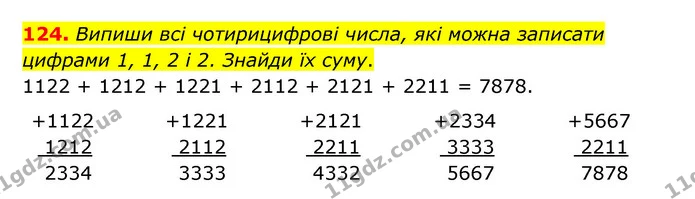 124. Випиши всі чотирицифрові числа, які можна записати цифрами 1, 1, 2 і 2. Знайди їх суму. — ГДЗ Математика 5 клас Бевз