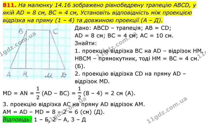 811. На малюнку 14.16 зображено рівнобедрену трапецію ABCD, у якій AD = 8 см, ВС = 4 см, Установіть відповідність між проекцією — ГДЗ Геометрія 8 клас Бевз