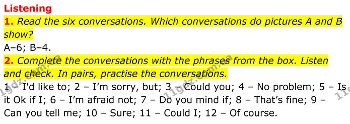 1. Read the six conversations. Which conversations do pictures A and B show? — ГДЗ Англійська мова 7 клас Коста