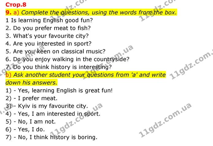 9. a) Complete the questions, using the words from the box. — Зошит Англійська мова 9 клас Карпюк