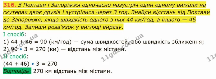 316. З Полтави і Запоріжжя одночасно назустріч один одному виїхали на скутерах двоє друзів і зустрілися через 3 год. Знайди відстань — ГДЗ Математика 5 клас Істер 2022