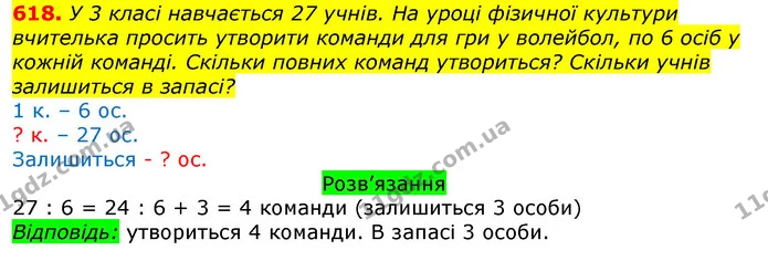 618. У 3 класі навчається 27 учнів. На уроці фізичної культури вчителька просить утворити команди для гри у волейбол, по 6 осіб у — ГДЗ Математика 3 клас Листопад 1-2 ч.