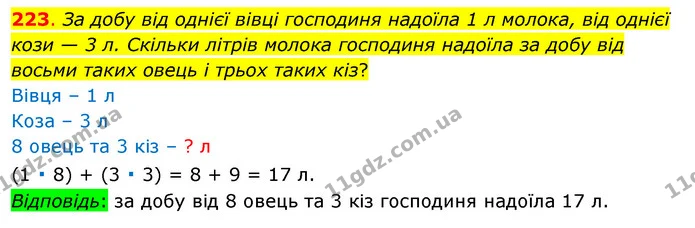 223. За добу від однієї вівці господиня надоїла 1 л молока, від однієї кози — 3 л. Скільки літрів молока господиня надоїла за добу від — ГДЗ Математика 3 клас Бевз 1 частина
