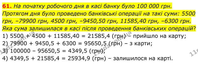61. На початку робочого дня в касі банку було 100 000 грн. Протягом дня було проведено банківські операції на такі суми: 5500 грн — ГДЗ Математика 6 клас Біос 1-2 ч.