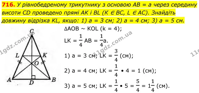 716. У рівнобедреному трикутнику з основою AB = а через середину висоти CD проведено прямі AK i BL (К ∈ BC, L ∈ AC). Знайдіть довжину — ГДЗ Геометрія 8 клас Бурда
