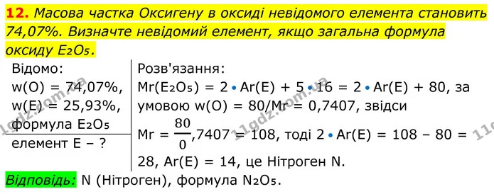 12. Масова частка Оксигену в оксиді невідомого елемента становить 74,07%. Визначте невідомий елемент, якщо загальна формула оксиду — ГДЗ Хімія 8 клас Мідак