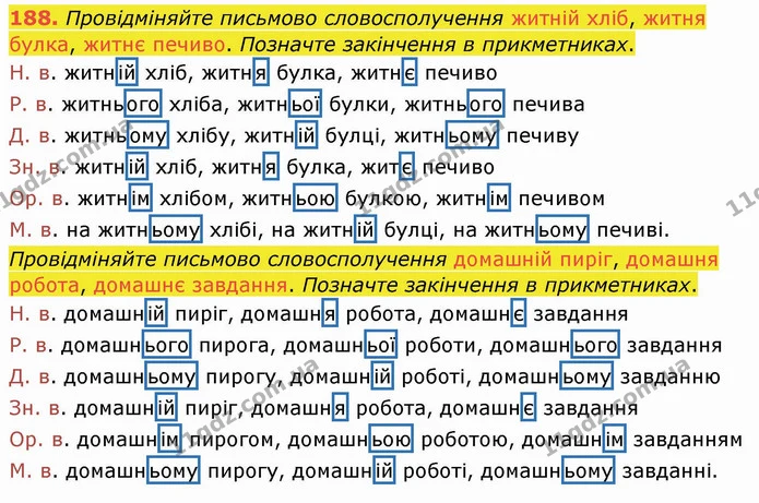 188. Провідміняйте письмово словосполучення житній хліб, житня булка, житнє печиво. Позначте закінчення в прикметниках. — ГДЗ Українська мова та читання 4 клас Кравцова