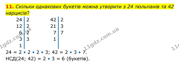 11. Скільки однакових букетів можна утворити з 24 тюльпанів та 42 нарцисів? — ГДЗ Математика 6 клас Бевз 1-2 ч.