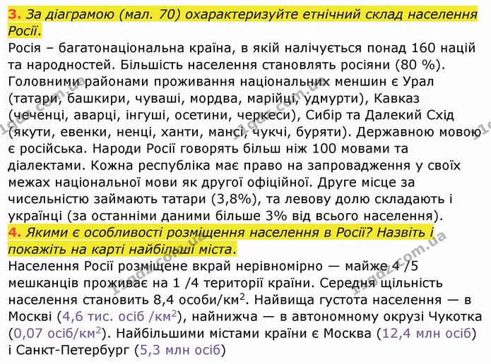 3. За діаграмою (мал. 70) охарактеризуйте етнічний склад населення Росії. — ГДЗ Географія 10 клас Бойко